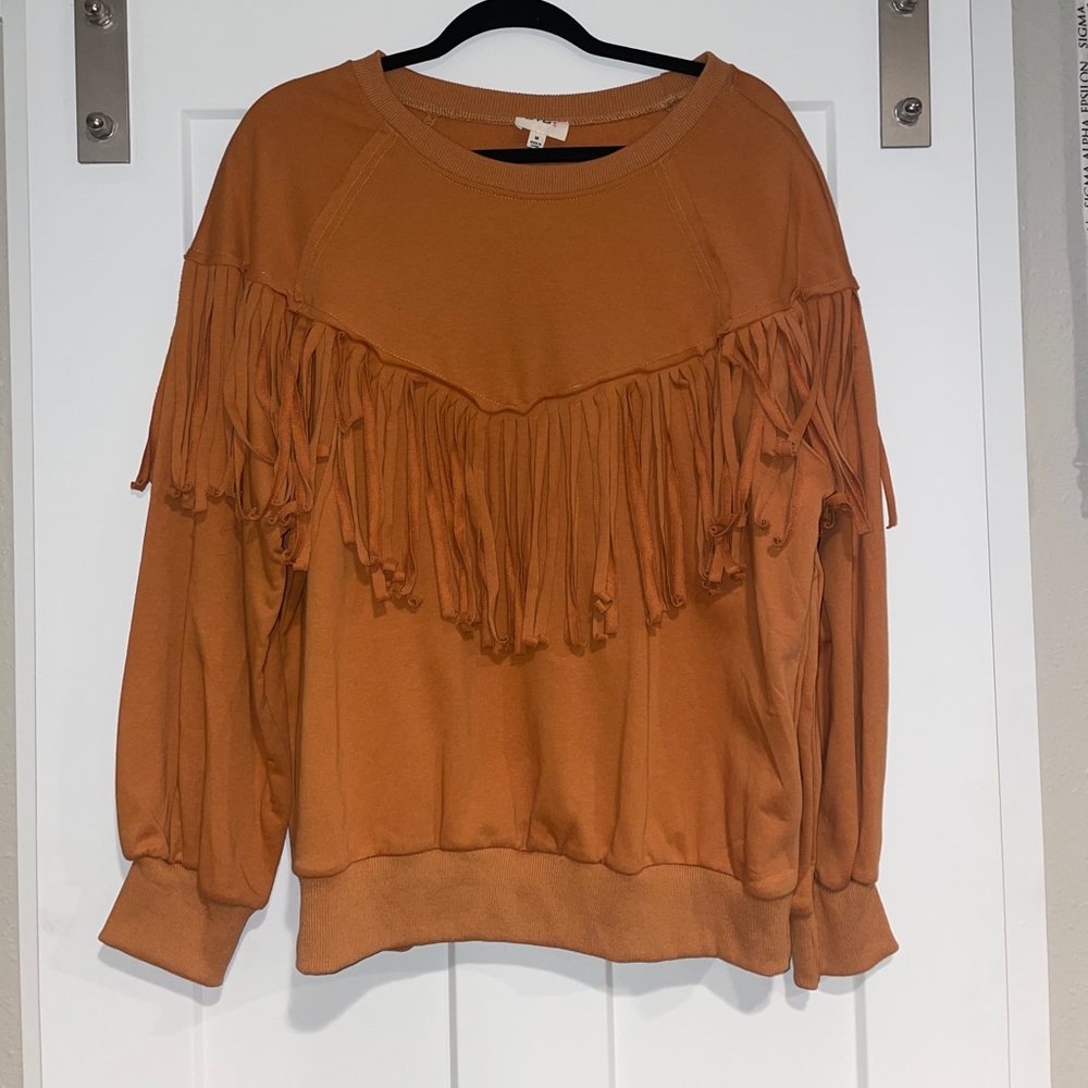 Orange fringe crew neck sweater